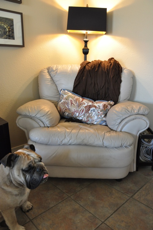 cozy chair in the corner with a "Mrs. Dreamer" original pillow - same fabric as the valances